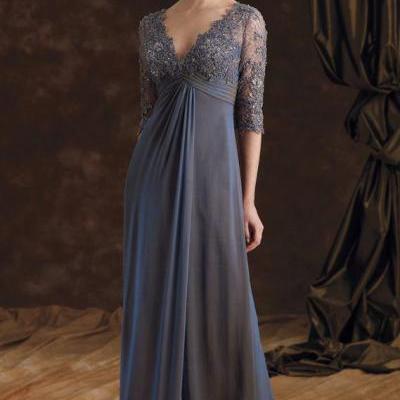 Sexy V Neck Grey Lace Long Mother Of The Bride Dresses, Half Sleeve A Line Chiffon Brides Mother Dresses, Plus Size Mother Of The Groom Dress, Formal Long Grey Mother Evening Prom Dresses, Elegant Grey Lace Mother Party Dress