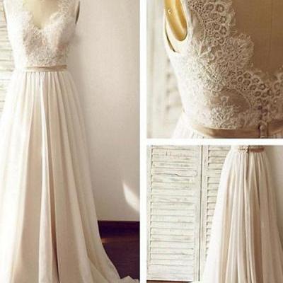 Wedding Dress,Wedding Gown,V-neck Sleeveless Open Back Wedding Dress with Lace Sash,Lace Bridal Dress