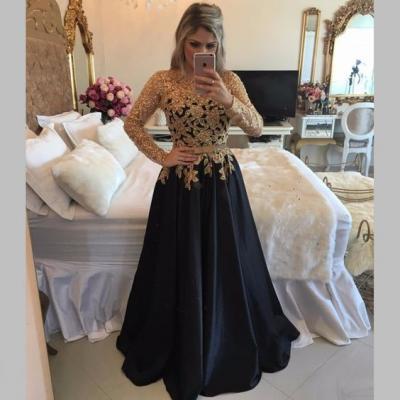 Sexy Illusion Back Long Party Dresses, Long Sleeve Black Prom Dresses With Gold Sequins, A Line Black Satin Pageant Prom Dresses, Jewel Neck Black Gala Dresses Plus Size , Formal Black Evening Dress,Customize Gold Beaded Party Dress