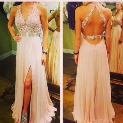 Light Pink Prom Dresses,Chiffon Backless Prom Dress,A Line Prom Dress