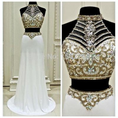 Fashionable Two Pieces Prom Dress,High Neck Chiffon Prom Dresses,White Sexy Woman Pageant Gowns with Luxuriant Beaded and Crystals