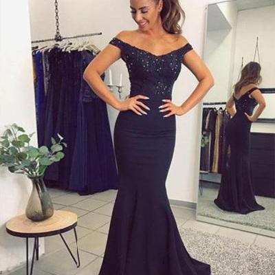 Sexy Off Shoulder Dark blue Mermaid Lace Prom Dress,Sequined Beading Evening Dress 