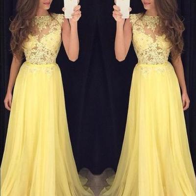 Yellow Prom Dress, Lace Applique Prom Dress, Long Prom Dress, Cheap Prom Dress, Chiffon Prom Dress, A Line Prom Dress, Prom Dresses , Women Formal Dresses, Elegant Prom Dress, Lace Applique Prom Dress