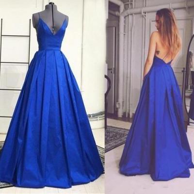 Royal Blue Plunge V Spaghetti Strap Satin Floor Length Pleated Formal Gown Featuring Criss-Cross Open Back, Prom Gown 