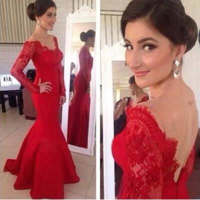New Arrival Red Lace Long Sleeves Mermaid Prom Dress, V-neck Backless Long Prom Dresses,Open Back Evening Prom Gown