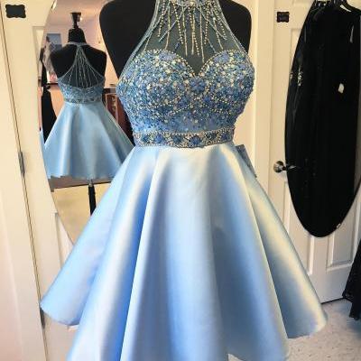 Homecoming Dress,Chic Crystal Beaded Halter Open Back Satin Homecoming Dresses