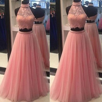 Pink Prom Dresses,2 pieces Prom Gowns, Pink Prom Dresses,2 piece Party Dresses,Long Prom Gown,Prom Dress,Lace Evening Gown, Party Gown