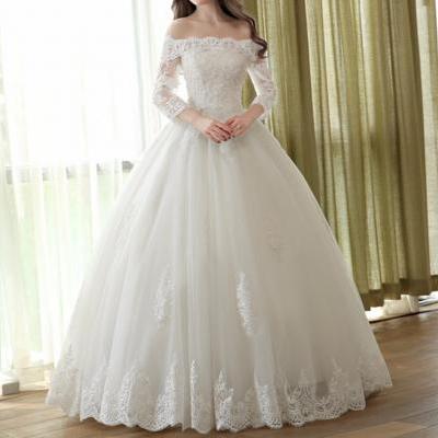Lace Off-The-Shoulder Long Mesh Sleeves Floor Length Tulle Wedding Gown