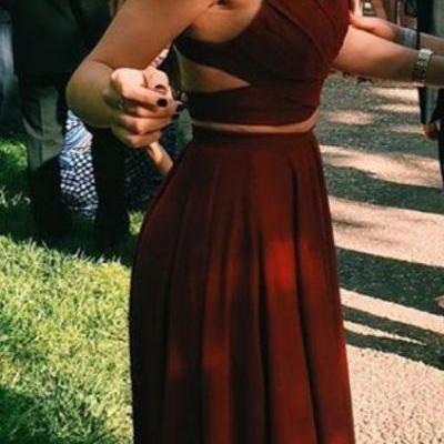Gorgeous Red 2 pieces Prom Dresses Long Sexy Evening Gowns Chiffon Two Piece Formal Dress For Teens