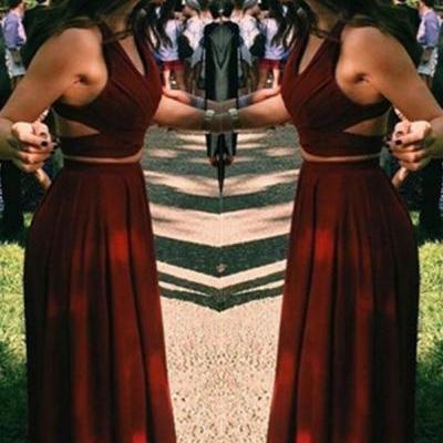 Gorgeous Wine Red Prom Dress,2 pieces Prom Dresses,Long Sexy Evening Gowns,Chiffon Two Piece Burgundy Formal Dress For Teens