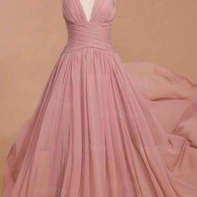 Spaghetti straps prom dress dusty pink bridesmaid dresses, long prom dresses, deep-V prom dresses