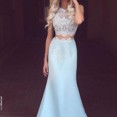 Prom Dresses,Long Prom Dresses,Baby Blue Two Piece Evening Dress,Long Lace Mermaid Prom Dresses Cheap