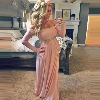 Sweet Pink Prom Dresses,Maternity Women Prom Dress, Sexy Off The Shoulder Pink Party Dress, Long Sleeve Prom Dress With Beaded Sash, Fashion Boat Neck Pregnant Prom Dress, Plus Size Women Evening Dress Formal Gowns 