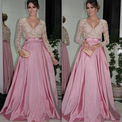 A Line Elegant Pink Evening Dresses Floor Length Sexy V Neck Long Sleeve Prom Dress With Waist Sash Abendkleider
