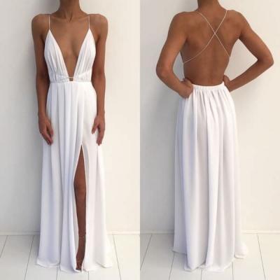 White backless long prom dress, white evening dress,
