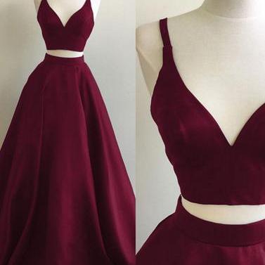 two pieces burgundy prom dresses,A-line long prom dress