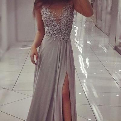 Unique Prom Dress,Grey Chiffon Sparkly Beaded Prom Dress with Slit,Sexy Long Formal Dresses