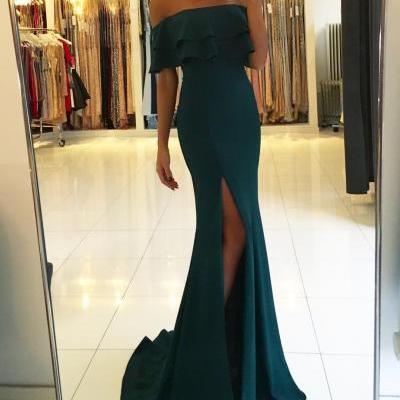 Forest Green Chiffon Prom Dress,Ruffled Off-The-Shoulder Prom Dress,Floor Length Trumpet Formal Dress, Featuring Slit and Sweep Train Prom Dresses