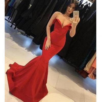 Best Selling Glamorous Red Evening Gowns, Off the Shoulder Sweetheart Prom Dress,Sleeveless Floor Length Mermaid Prom Dresses