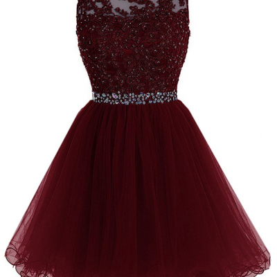 Burgundy Short Tulle Beading Homecoming Dress Prom Gown