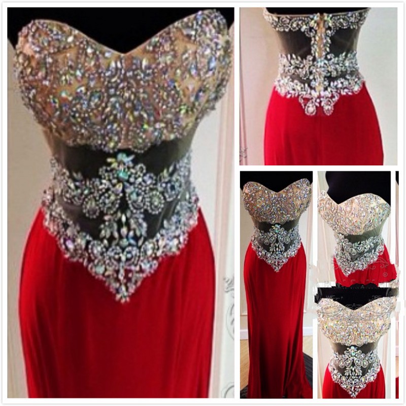 red prom dress with rhinestones