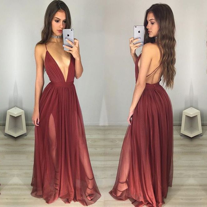 low cut v neck prom dress