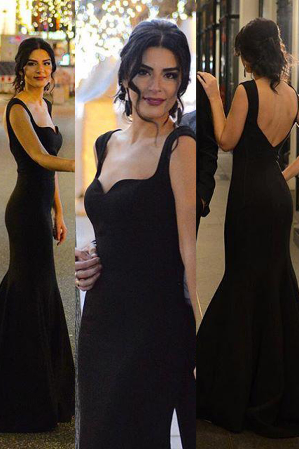 black backless floor length dress