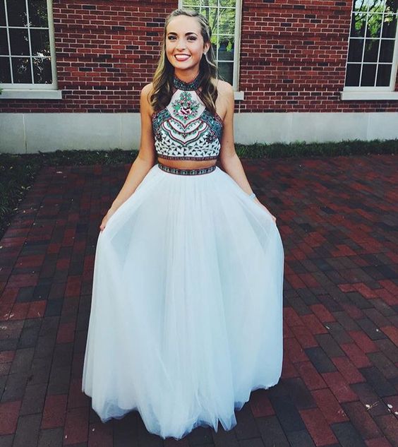 2 piece long prom dress