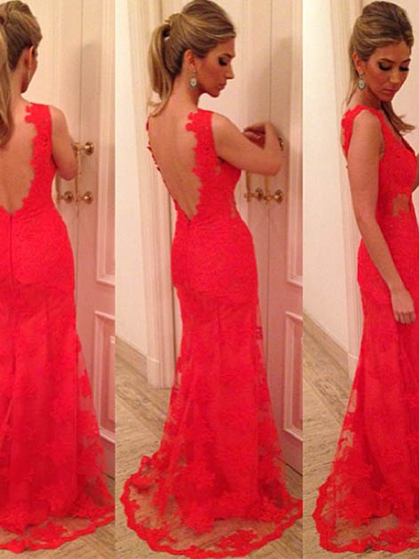red lace backless dress