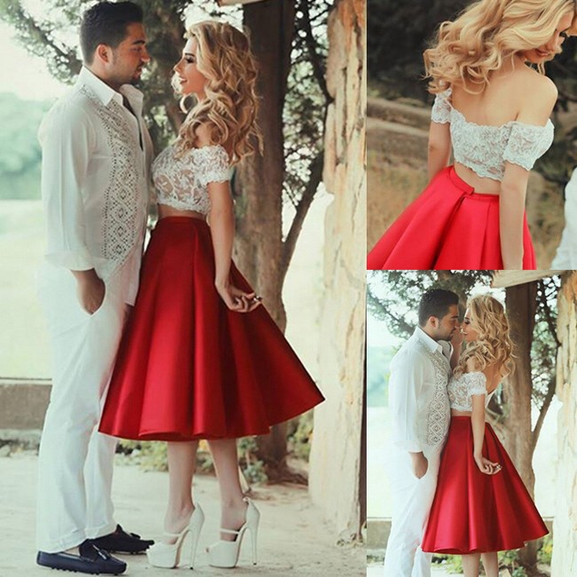 red two piece off the shoulder prom dress