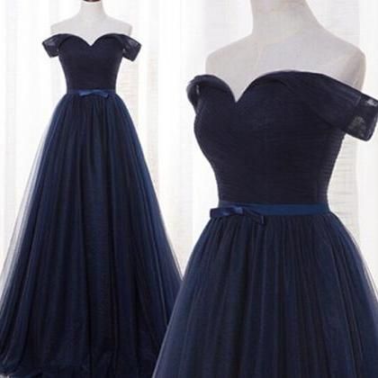 Navy Blue Off The Shoulder Sweetheart Floor Length Tulle A Line
