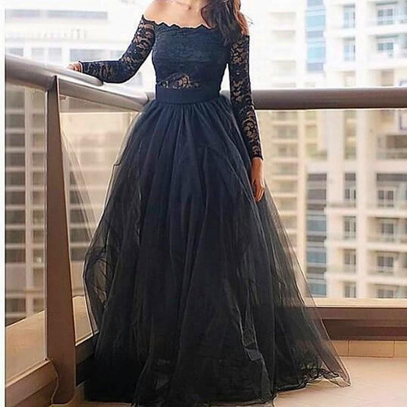 black prom dress with lace sleeves