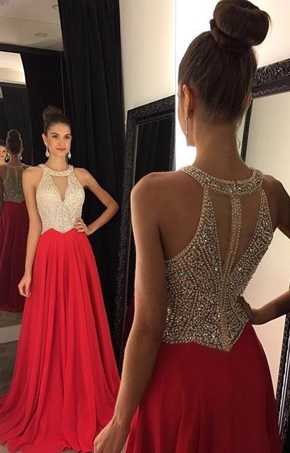 red chiffon evening gown
