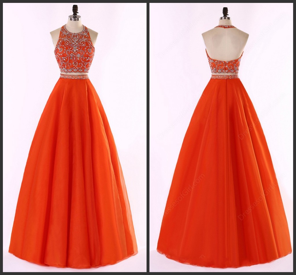 orange 2 piece prom dress