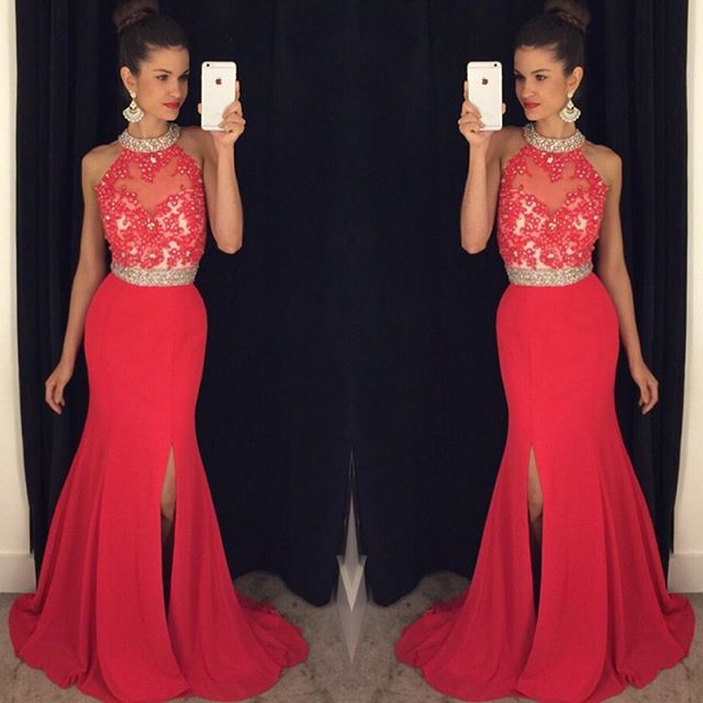 beaded red prom dress