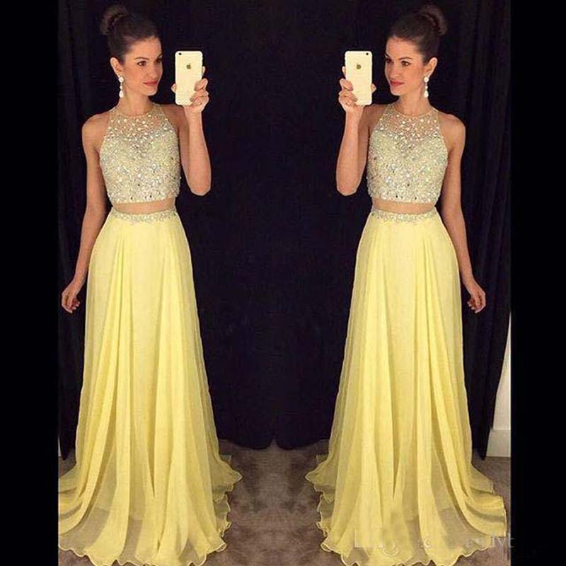 Yellow Prom Dresses,2 Piece Prom Gown 