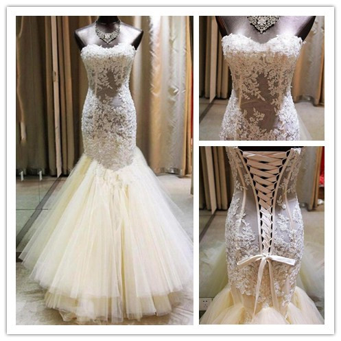 Strapless Sweetheart Sheer Lace Appliques Mermaid Wedding Dress