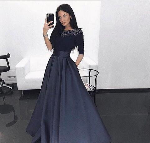 navy long sleeve prom dress