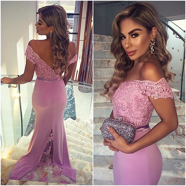 baby pink off the shoulder prom dress