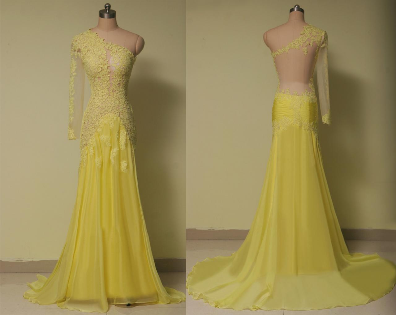 one shoulder yellow prom dress