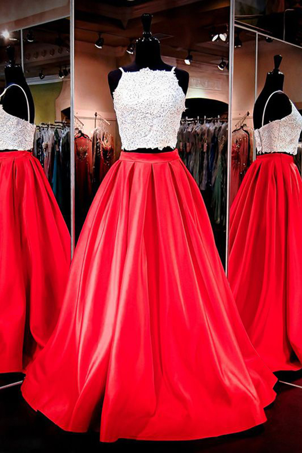 red floor length prom dress