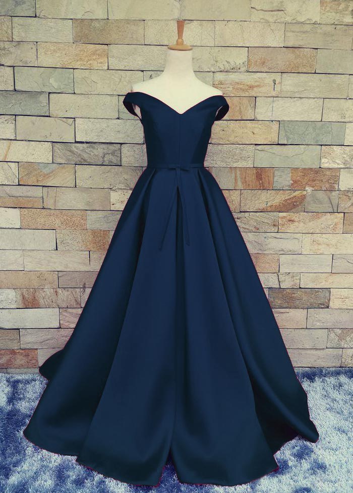 dark blue satin prom dress