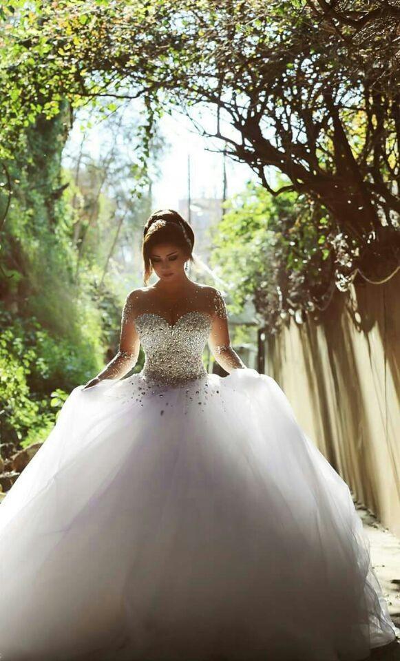 Long Sleeve Wedding Dresses With Rhinestones Crystals Backless