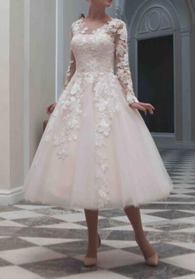 short sleeve tea length wedding dress