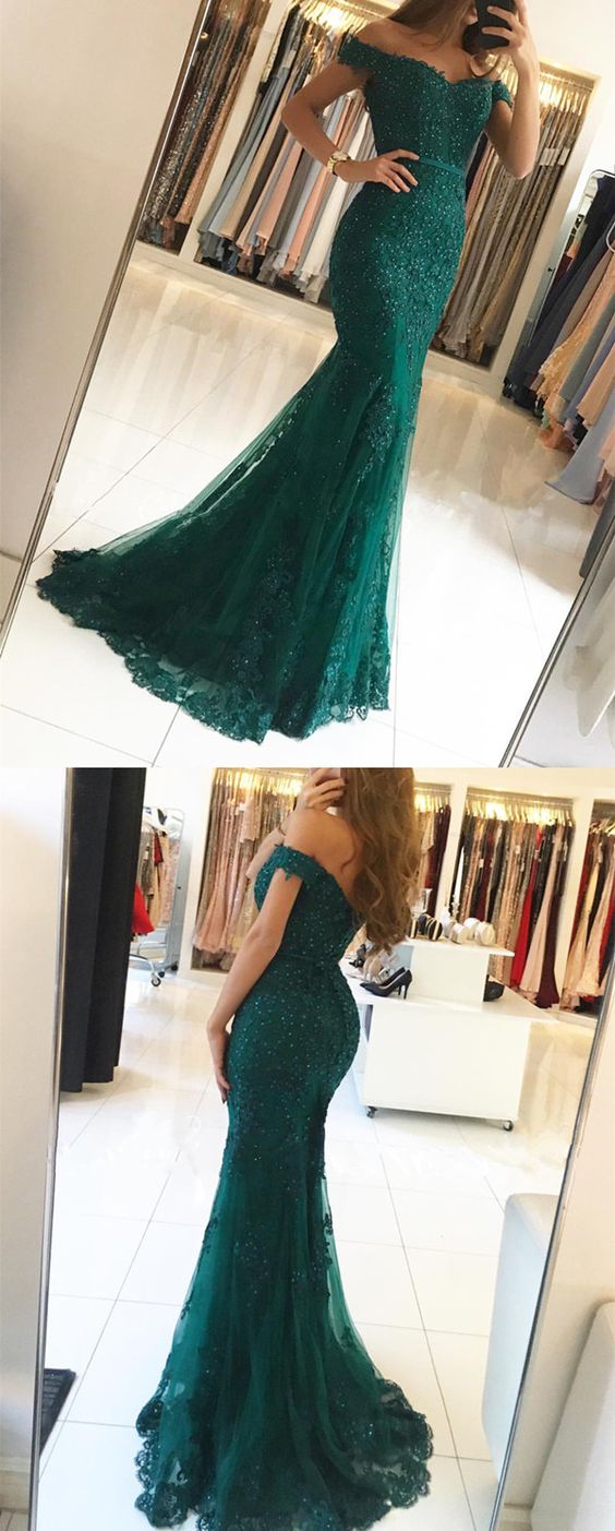 emerald green off the shoulder prom dress