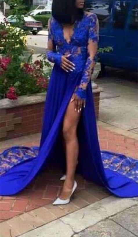 royal blue slit prom dress