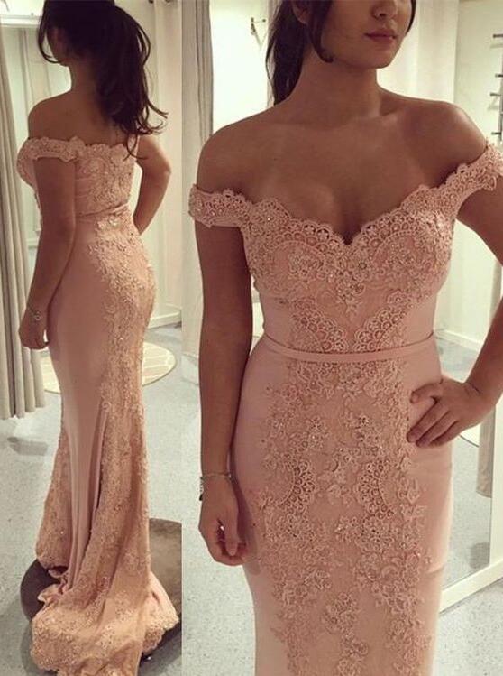 pink off the shoulder prom dress