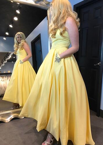strapless yellow prom dress