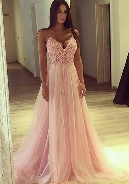 Spaghetti Straps Light Pink Prom Dress 