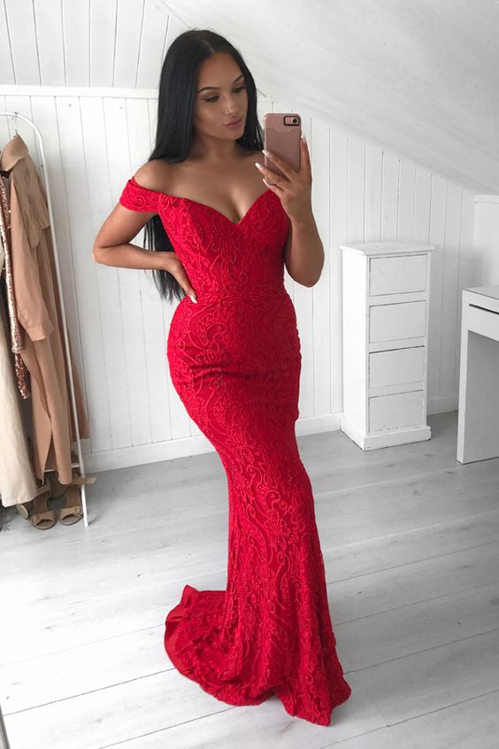 red lace mermaid prom dress